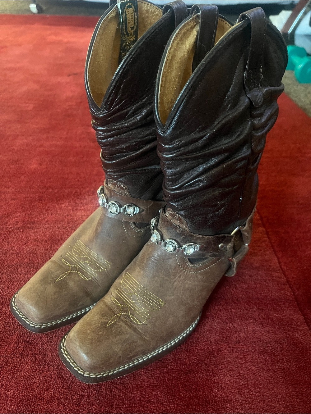 Vintage Western Brown Leather Smoky Brown Cowboy Harness Chain Boots - Picture 3 of 8